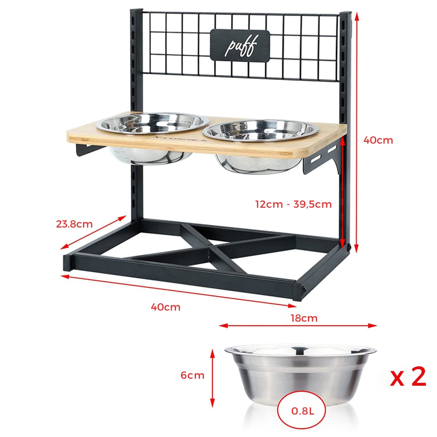 Verhoogde Hondenbak met Decoratie Rek | Verstelbare Hoogte voor Comfortabel Eten